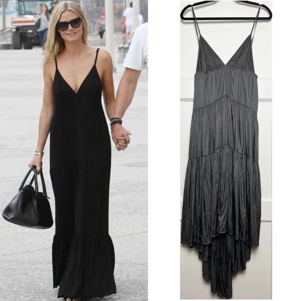 NWT L’AGENCE‎ 90s Satin Empire Waist Sleeveless Pleat Tiered Ruffle Midi Dress S